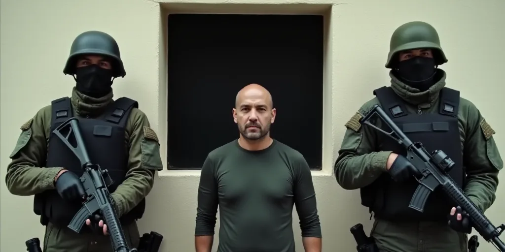 a man standing next to two soldiers wearing face masks and holding guns in front of a wall with a bl