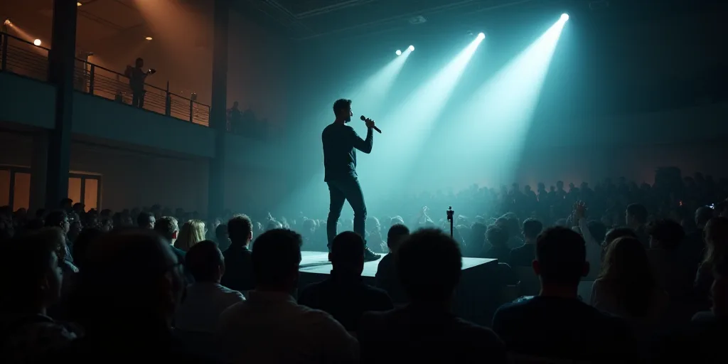 a man standing on a stage in front of a crowd of people in a building with a microphone in his hand,