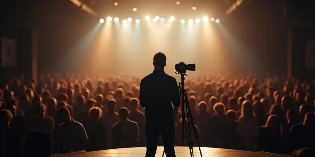a man standing on a stage in front of a crowd of people with a camera on a tripod, Armin Hansen, art
