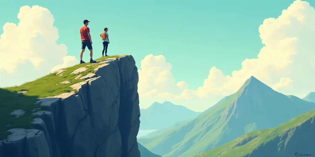 a man standing on top of a mountain next to a giant rock with a woman standing on top of it, Bela Č