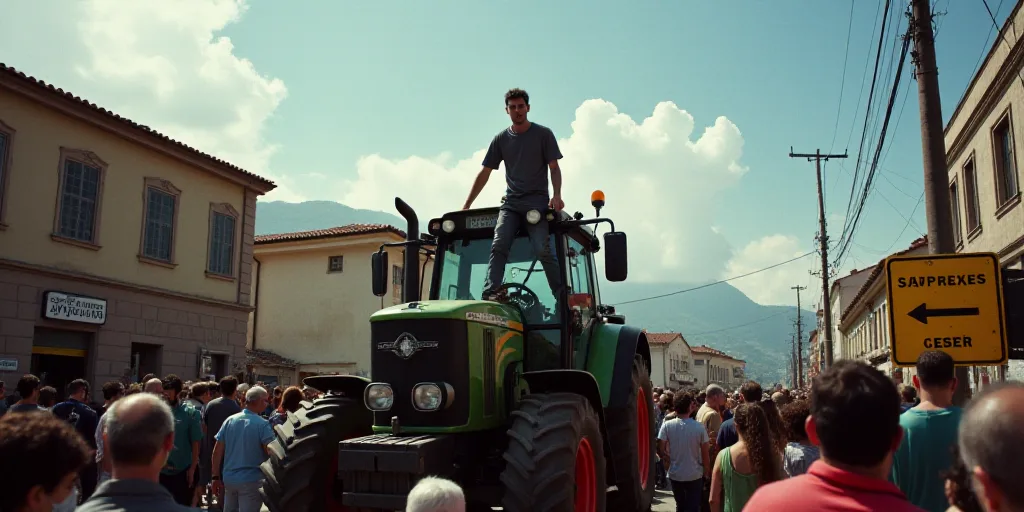 a man standing on top of a tractor in a crowd of people near a building and a street sign, Ceferí O