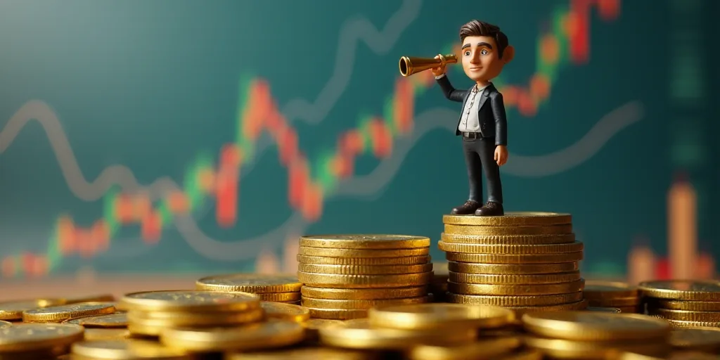 a man standing on top of stacks of gold coins with a telescope in his hand and a chart in the backgr