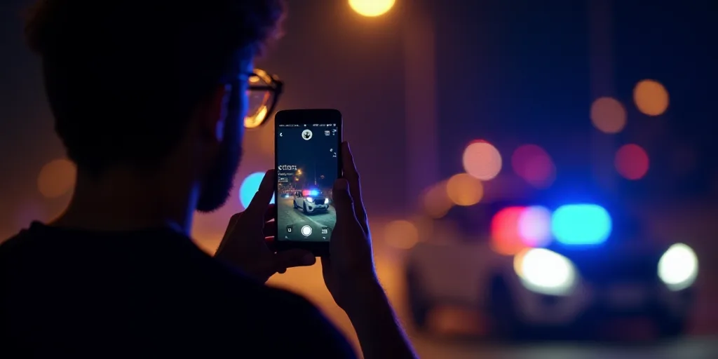 a man taking a picture of a police car at night with his cell phone in his hand and a police car in