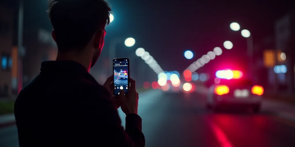 a man taking a picture of a police car at night with his cell phone in his hand and a police car in