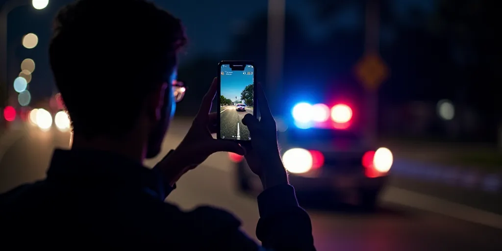a man taking a picture of a police car at night with his cell phone in his hand and a police car in