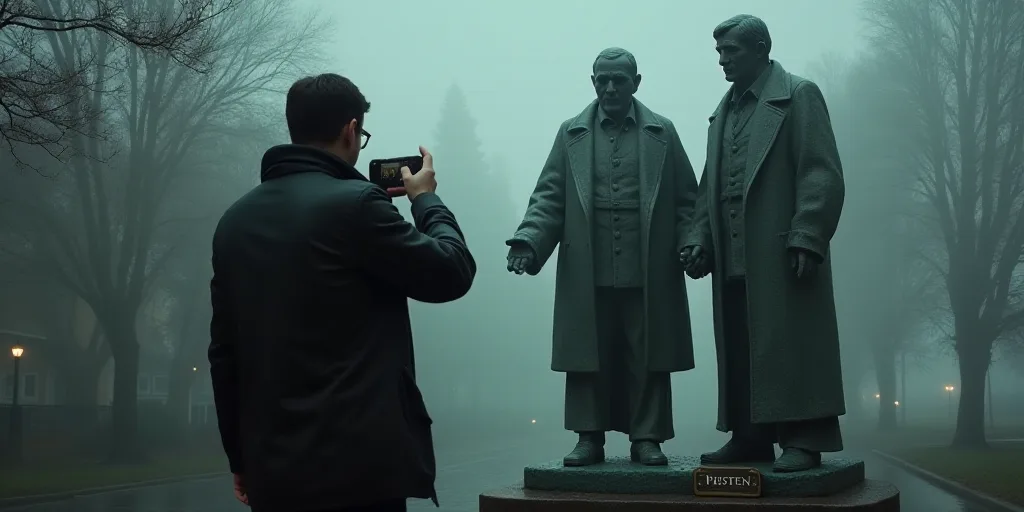 a man taking a picture of a statue of three men holding hands and a sign that says episten, Edward A