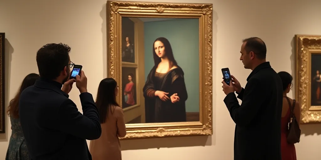 a man taking a picture of a woman with a cell phone in a museum gallery with other people looking at
