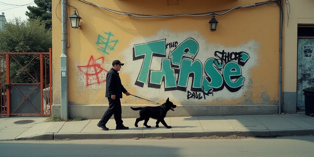 a man walking down a sidewalk next to a building with a dog on it's leash and a person walking down