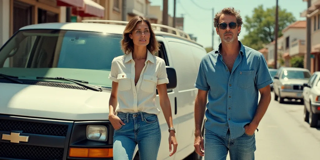 a man walking down a street next to a white van and a woman in a blue shirt and jeans, Don Eddy, dav