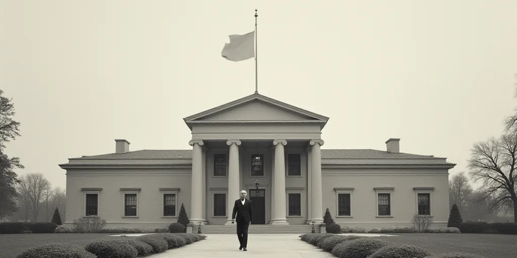 a man walking in front of a building with a flag on top of it and a flagpole on top of it, Cassius M