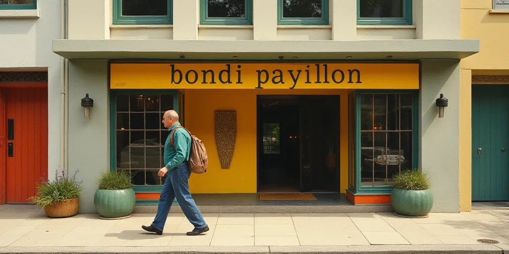 a man walking past a building with a sign on it's front door that says bondi pavillon, Colin McCahon
