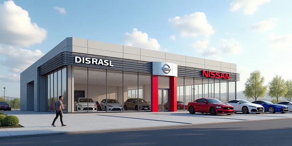 a man walking past a nissan dealership with cars parked in front of it and a woman walking past a ca