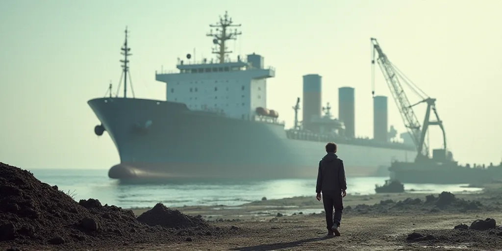 a man walking past a pile of dirt near a large ship in the background with a crane in the foreground