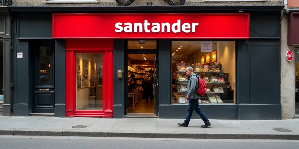 a man walking past a store front with a red sign on it's side and a red and white sign that says san
