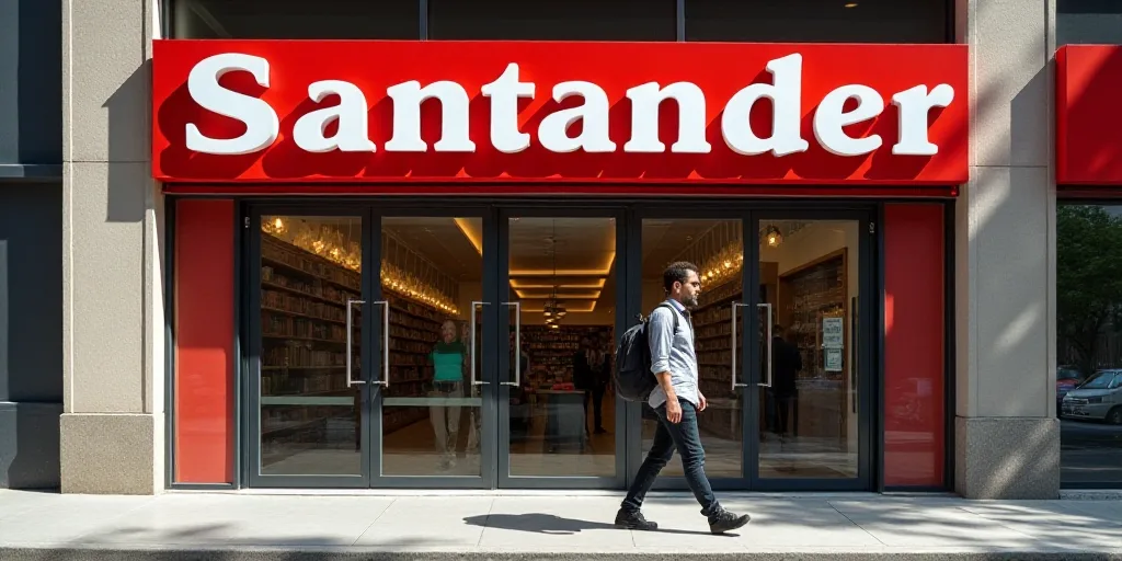 a man walking past a store front with a red sign on it's side and a red and white sign that says san