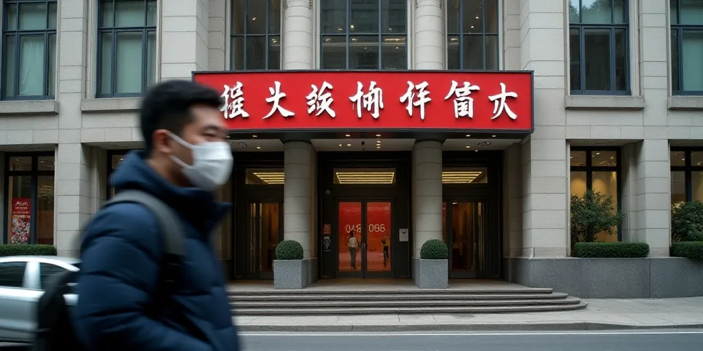 a man wearing a face mask walks past a building with chinese writing on it and a sign that says shan