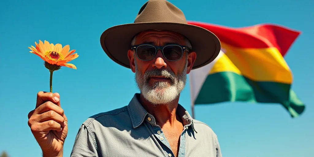 a man wearing a hat and glasses holding a flower and a flag in his hand and a blue sky in the backgr