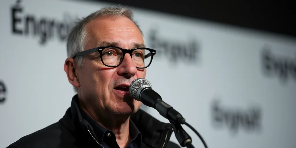 a man wearing glasses and a black jacket is speaking into a microphone with a white background and a