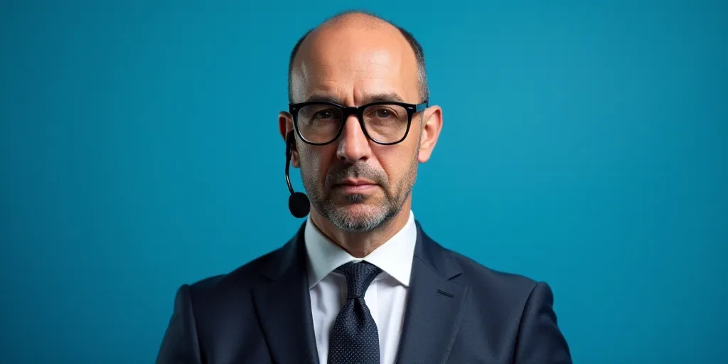 a man wearing glasses and a suit and tie with a microphone in his ear and a blue background behind h