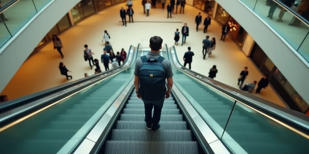 a man with a backpack is walking down a escalator in a mall with people walking around it, Ceferí O