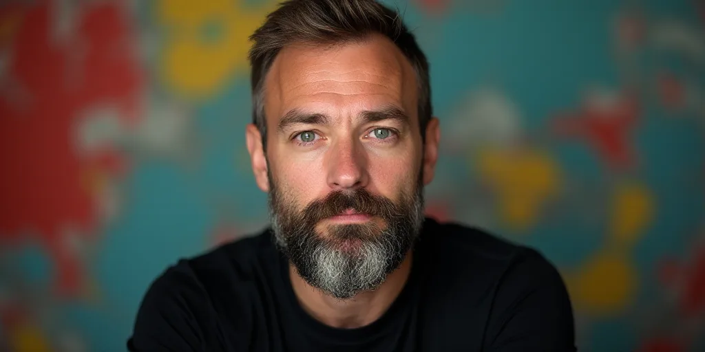 a man with a beard and a black shirt is looking at the camera with a colorful background behind him,