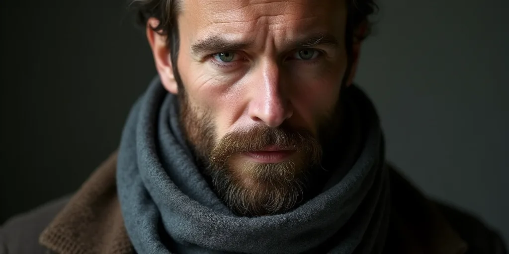 a man with a beard and a scarf around his neck looking at the camera with a serious look on his face