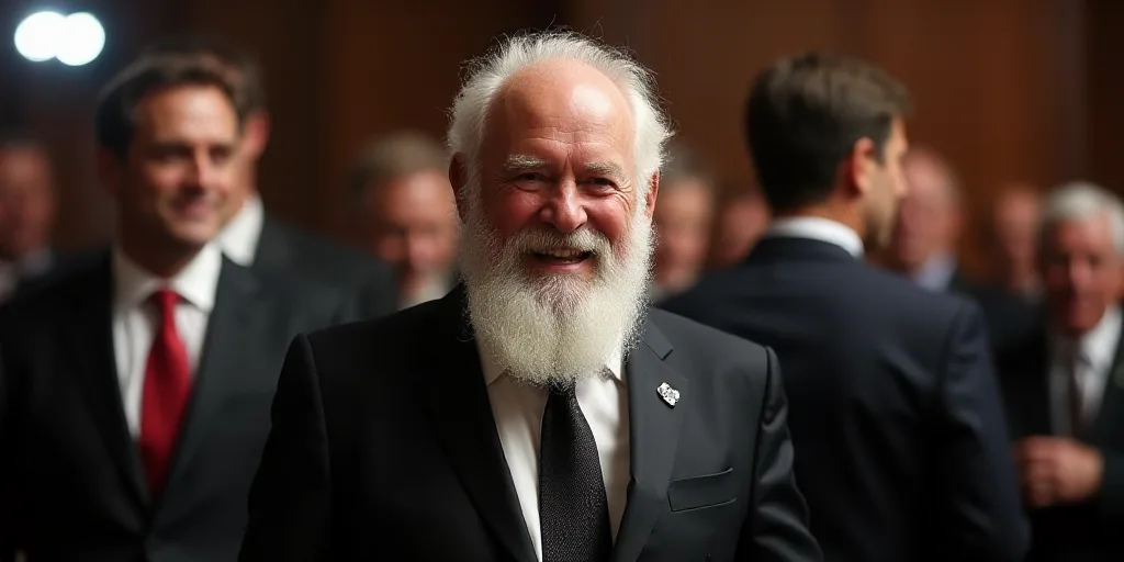 a man with a beard and a suit smiling for the camera at a event with a white beard and a black suit,