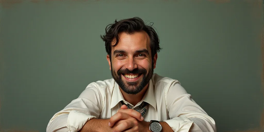 a man with a beard and a tie is smiling for the camera with his hands folded in front of him, Edward