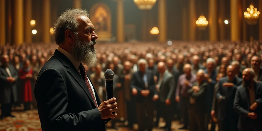 a man with a beard and a tie in a crowd of people at a convention or convention hall with a micropho