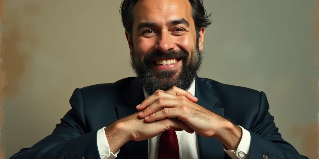 a man with a beard and a tie is smiling for the camera with his hands folded in front of him, Edward