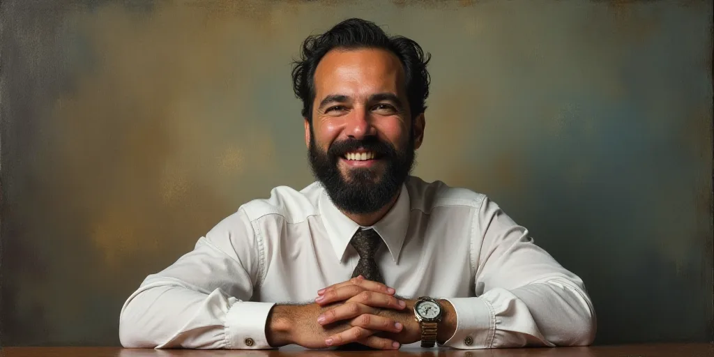 a man with a beard and a tie is smiling for the camera with his hands folded in front of him, Edward