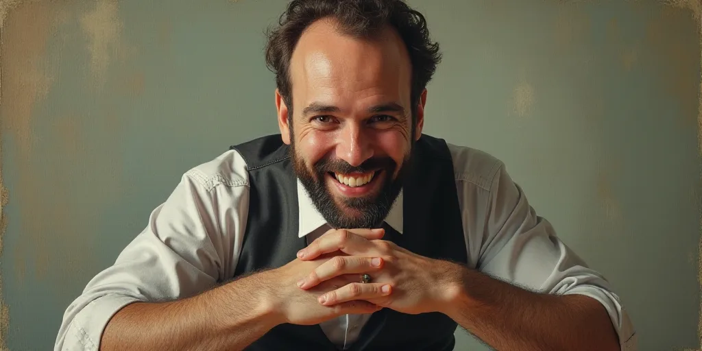 a man with a beard and a tie is smiling for the camera with his hands folded in front of him, Edward
