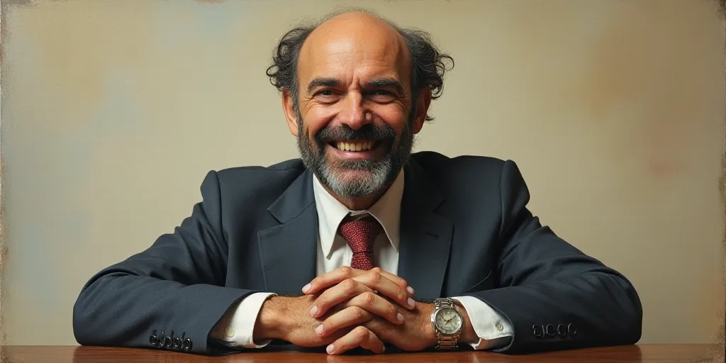 a man with a beard and a tie is smiling for the camera with his hands folded in front of him, Edward