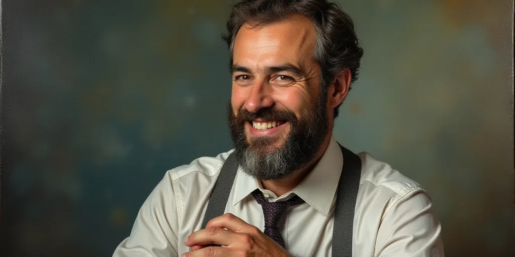 a man with a beard and a tie is smiling for the camera with his hands folded in front of him, Edward