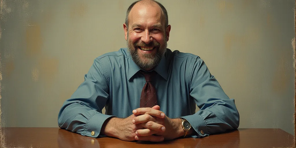 a man with a beard and a tie is smiling for the camera with his hands folded in front of him, Edward