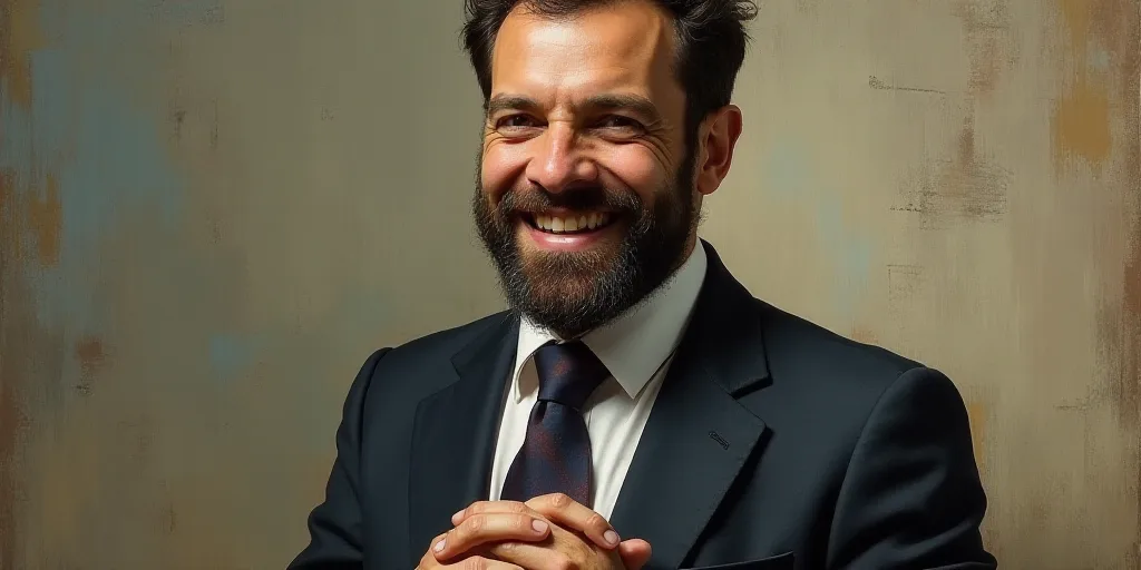 a man with a beard and a tie is smiling for the camera with his hands folded in front of him, Edward