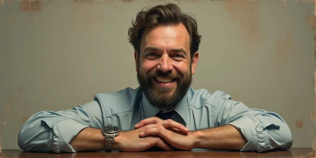 a man with a beard and a tie is smiling for the camera with his hands folded in front of him, Edward