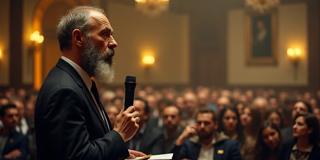 a man with a beard and a tie in a crowd of people at a convention or convention hall with a micropho