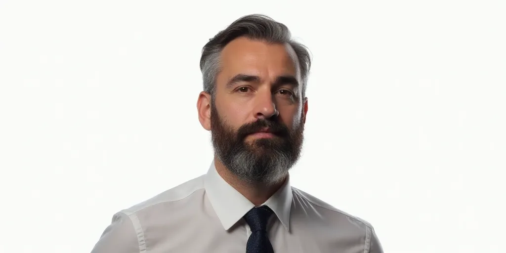 a man with a beard and a tie on a white background with a white background and a white background, B