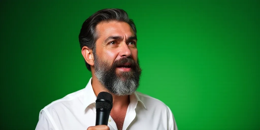 a man with a beard and a white shirt is holding a microphone and speaking into a microphone with a g