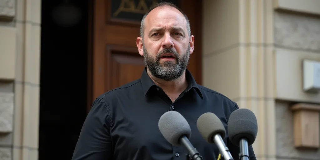 a man with a beard and black shirt is speaking into microphones in front of a building with a door,