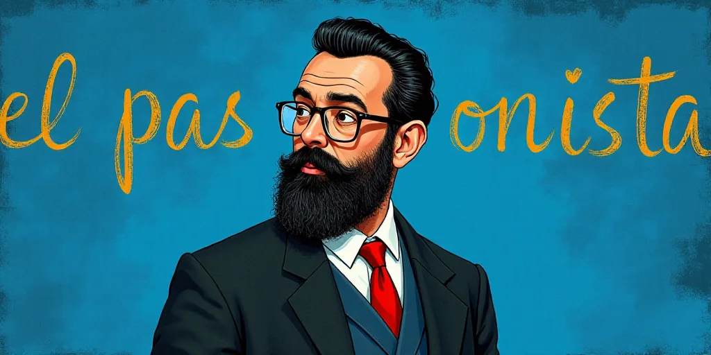 a man with a beard and glasses standing in front of a blue background with the words, el pasonista,