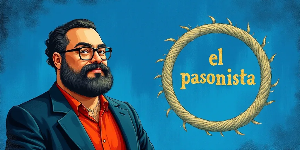 a man with a beard and glasses standing in front of a blue background with the words, el pasonista,