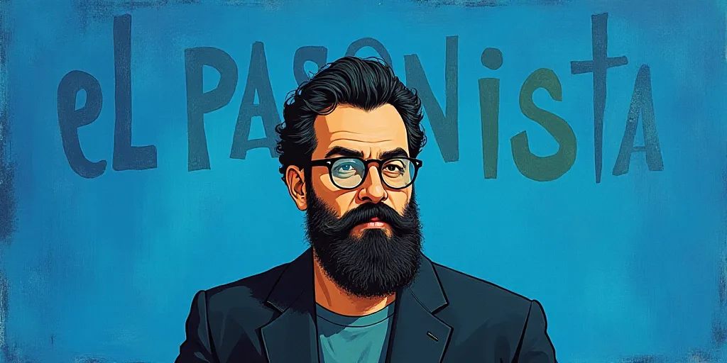a man with a beard and glasses standing in front of a blue background with the words, el pasonista,