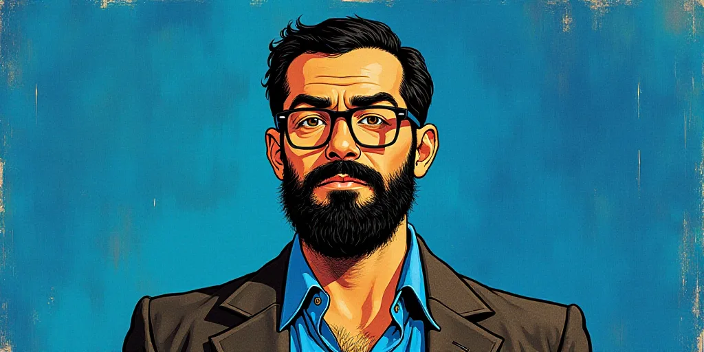a man with a beard and glasses standing in front of a blue background with the words, el pasonista,