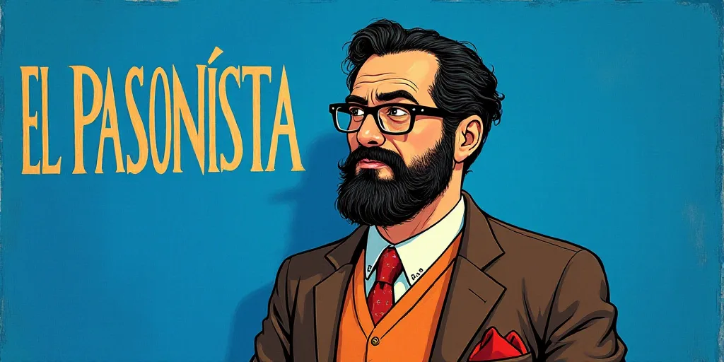 a man with a beard and glasses standing in front of a blue background with the words, el pasonista,