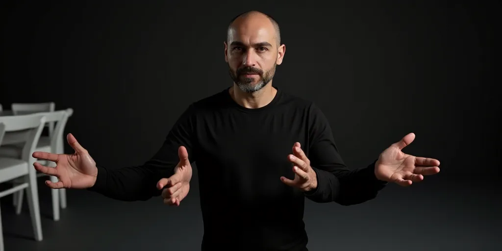 a man with a black shirt and a black shirt is holding his hands out in front of him and a white chai