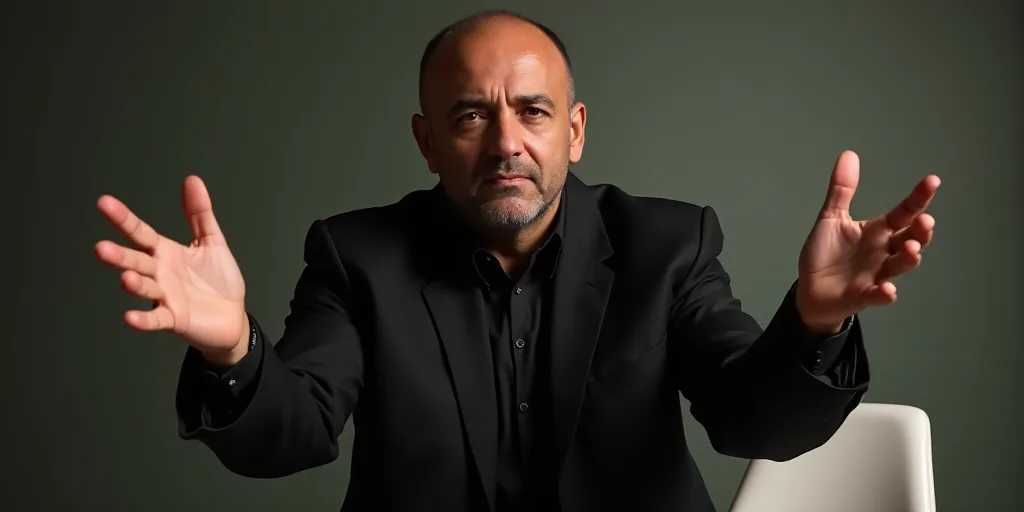 a man with a black shirt and a black shirt is holding his hands out in front of him and a white chai