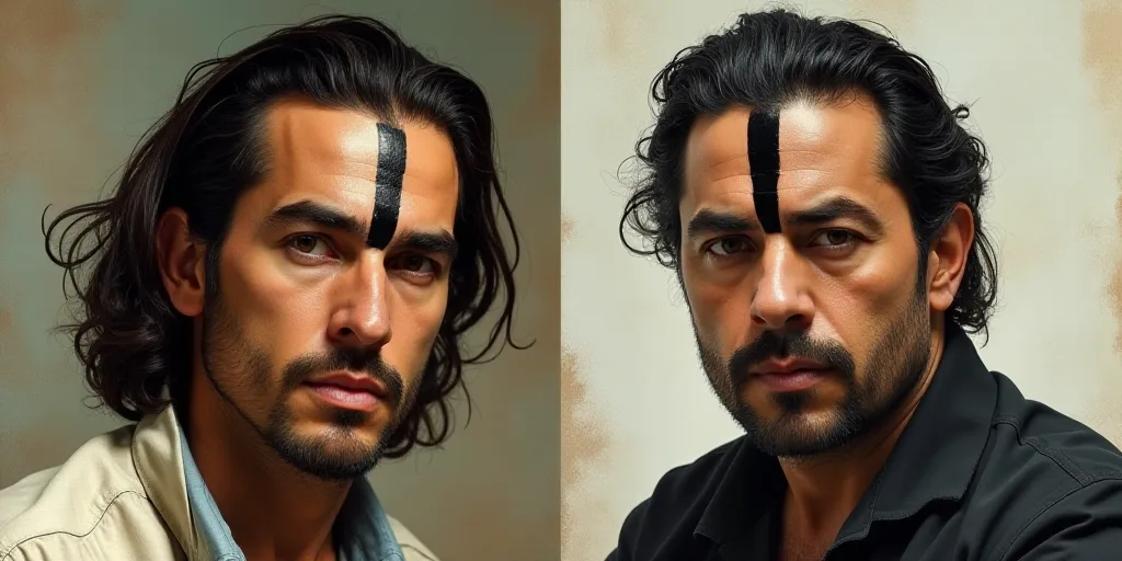a man with a black strip on his forehead and a picture of a man with a black strip on his forehead,
