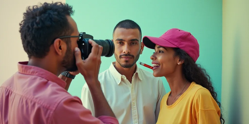a man with a camera taking a picture of another man with a cell phone in his mouth and a woman with